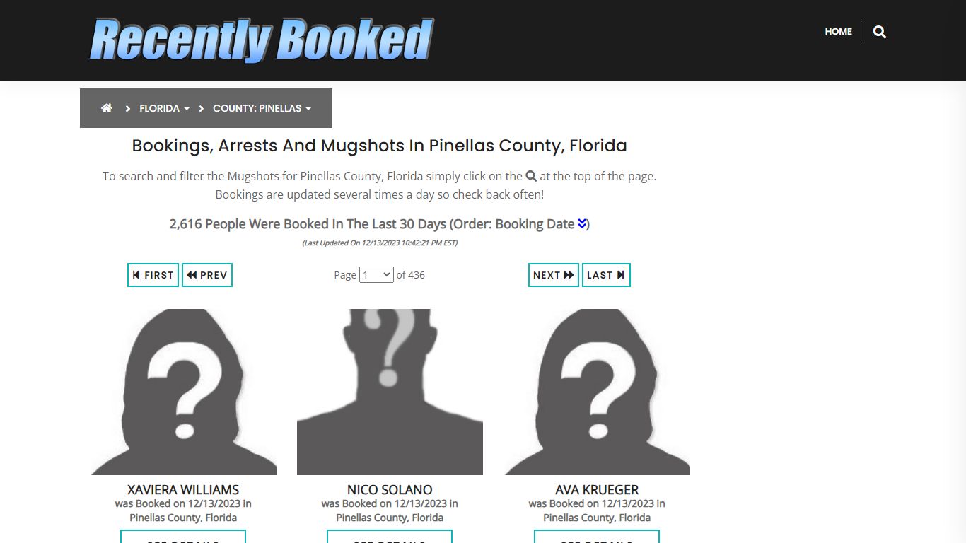Bookings, Arrests and Mugshots in Pinellas County, Florida